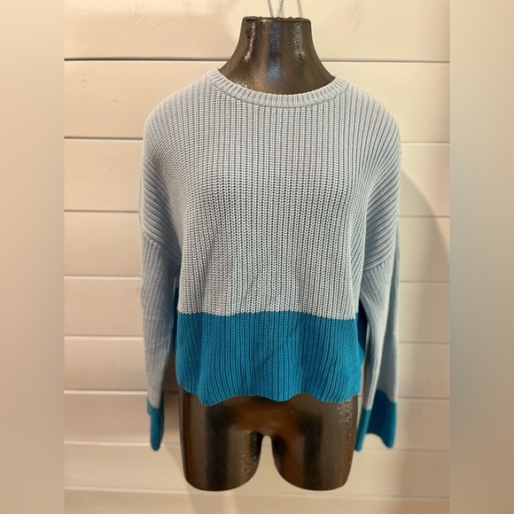 🩵 525 – Blue Colorblock Cotton Knit Sweater – Size M/L (based on measurements) - Picture 5 of 7